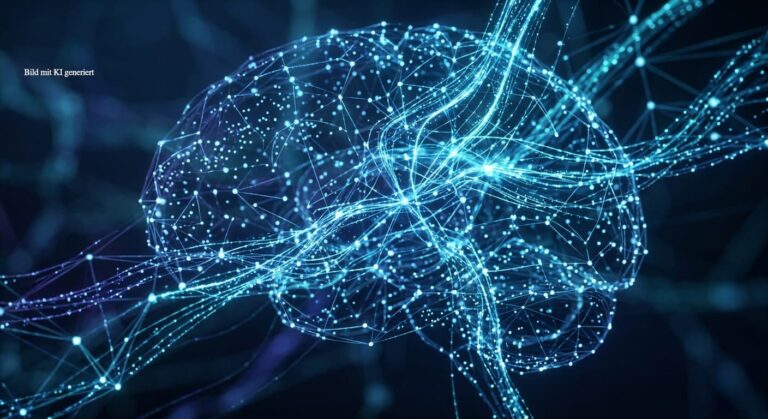 Grafisch darfgestellte Form von Neuronen, die ein Netz in Form eines Gehirns bilden.